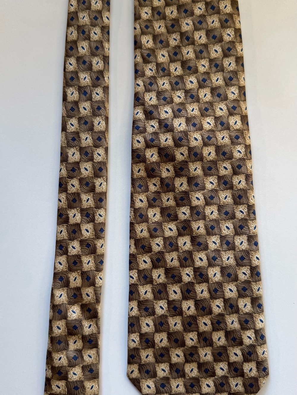 Vintage Geoffrey Beene 100% Silk Tie Brown Taupe Navy Geometric Handmade USA